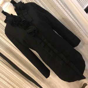 Black high collar tailored waist mid length jacket - rose and velvet detail